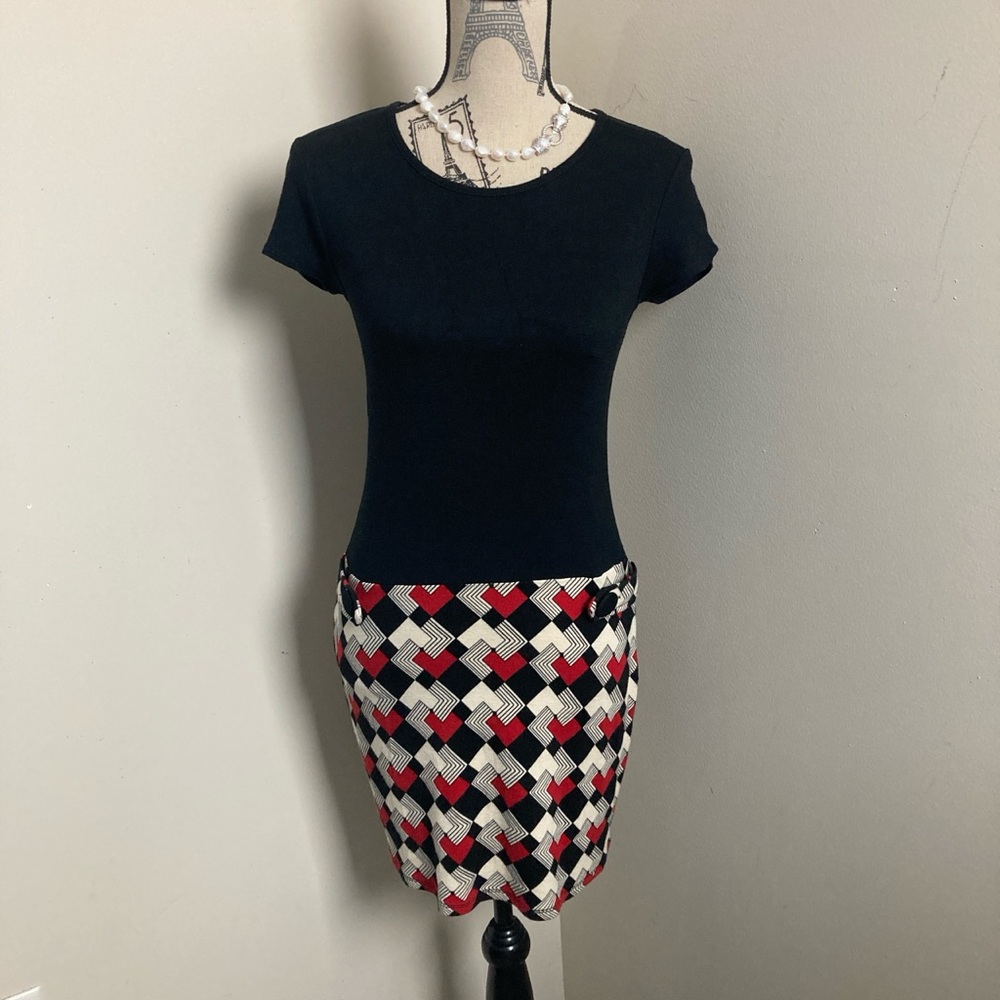 LOFT Black Top Cream Red Geometric Mini Skirt Retro Dress